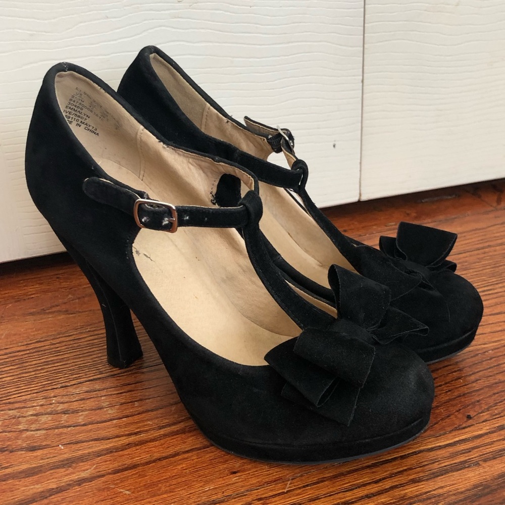 Black Velvet Bow T-strap Heels